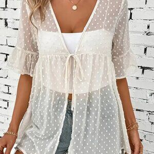 Women's Sheer Ivory polka dot lace blouse